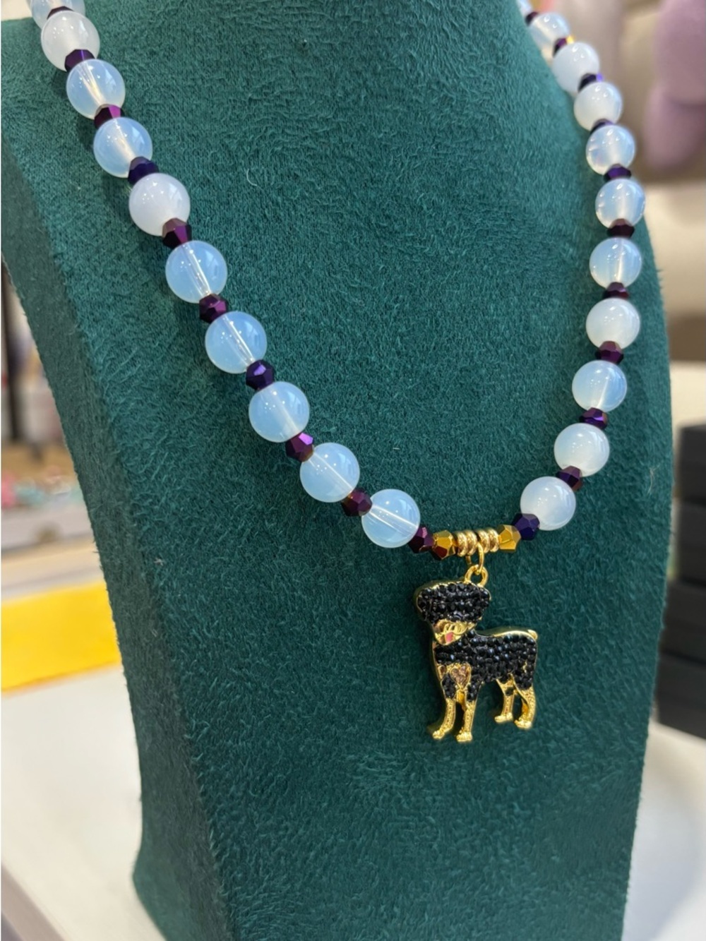 Gold Black Poodle Charm Beaded Necklace